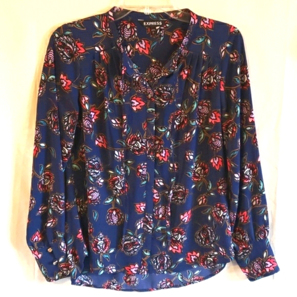 Express Long Sleeve Blue Floral Retro Blouse XS - Picture 4 of 10